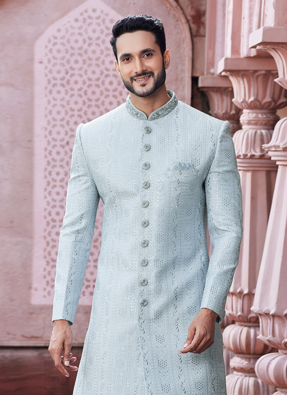 Hand Embroidery Art Silk Aqua Blue Sherwani - M6138