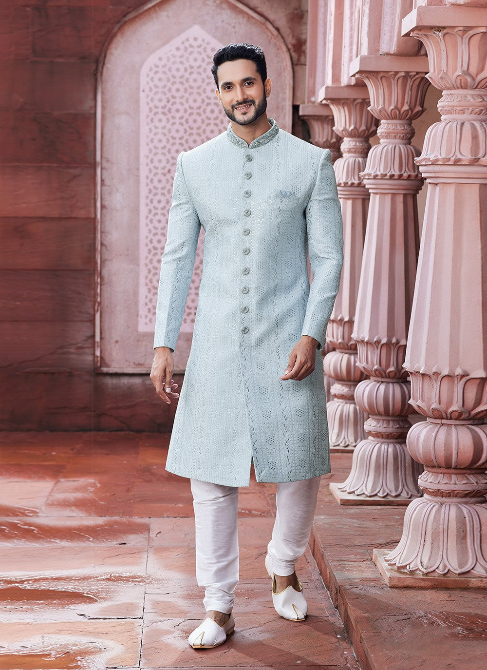 Hand Embroidery Art Silk Aqua Blue Sherwani - M6138
