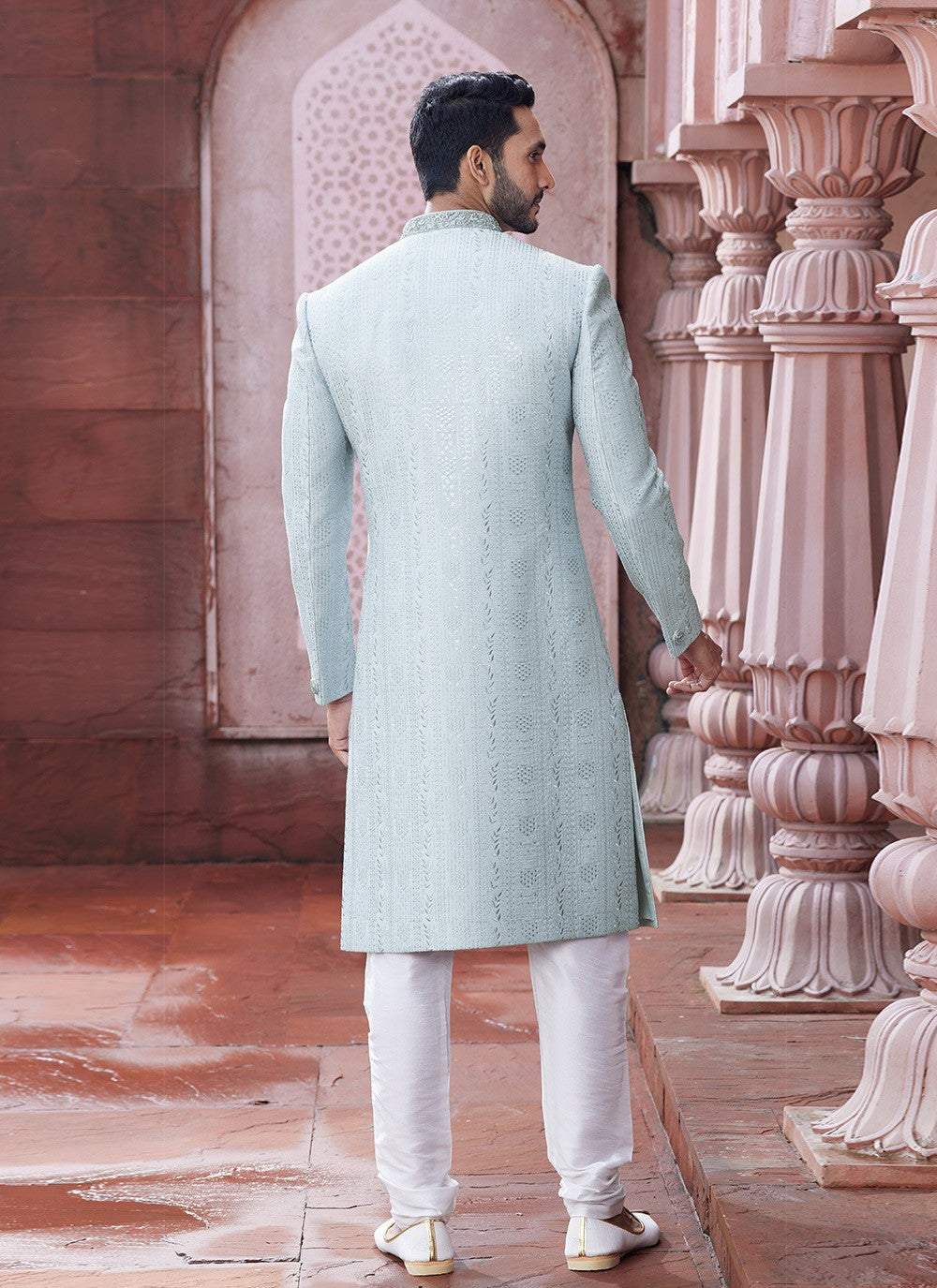 Hand Embroidery Art Silk Aqua Blue Sherwani - M6138