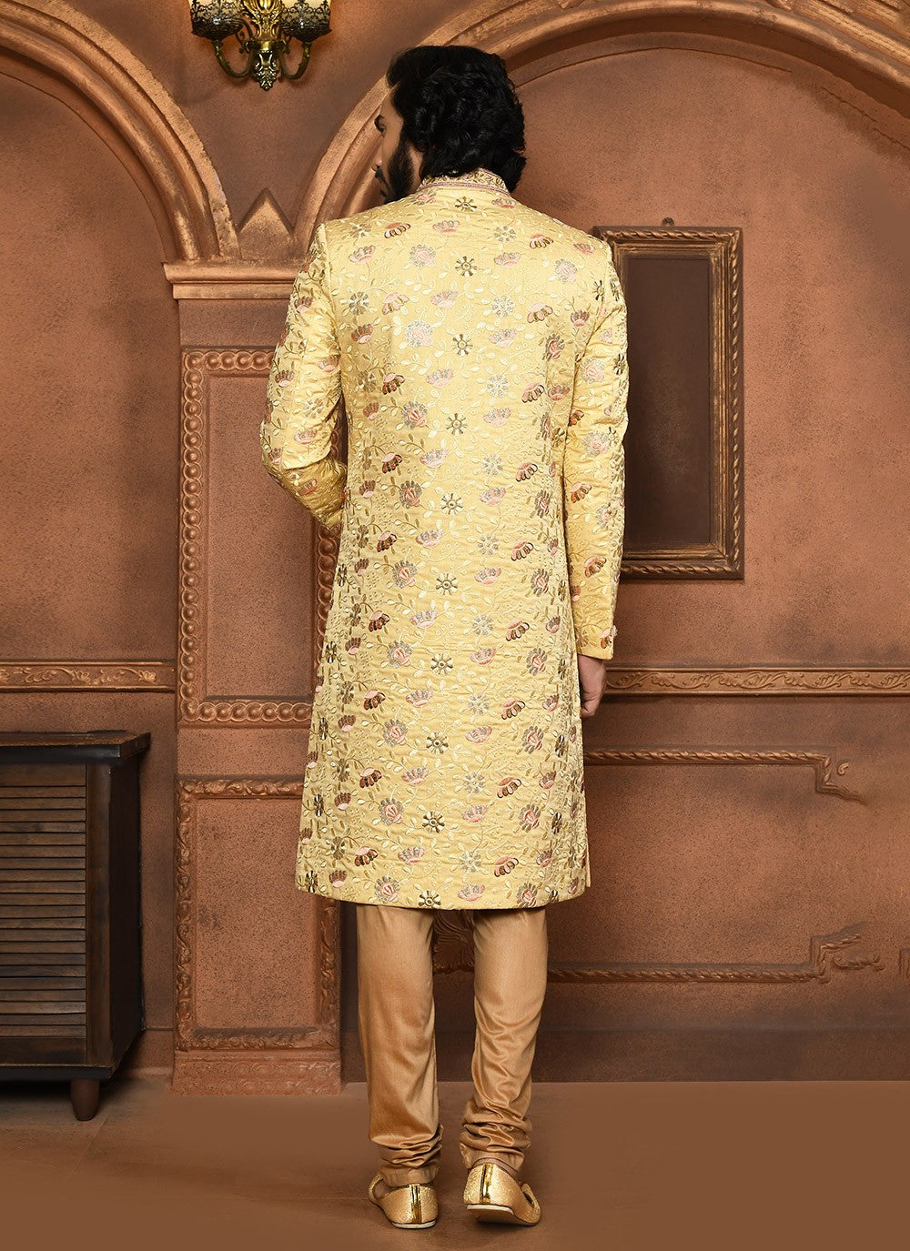 Embroidered Art Silk Beige Sherwani - M8044