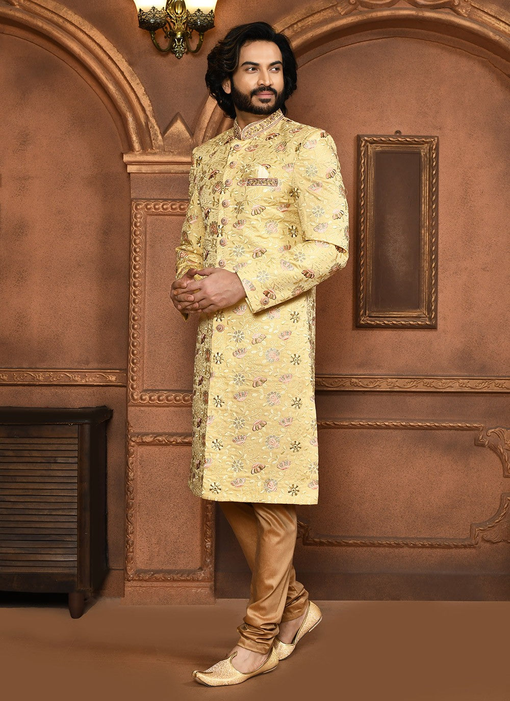 Embroidered Art Silk Beige Sherwani - M8044