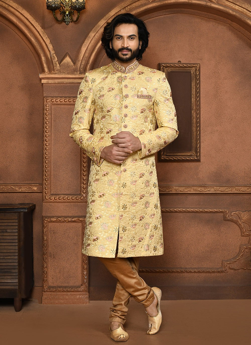 Embroidered Art Silk Beige Sherwani - M8044
