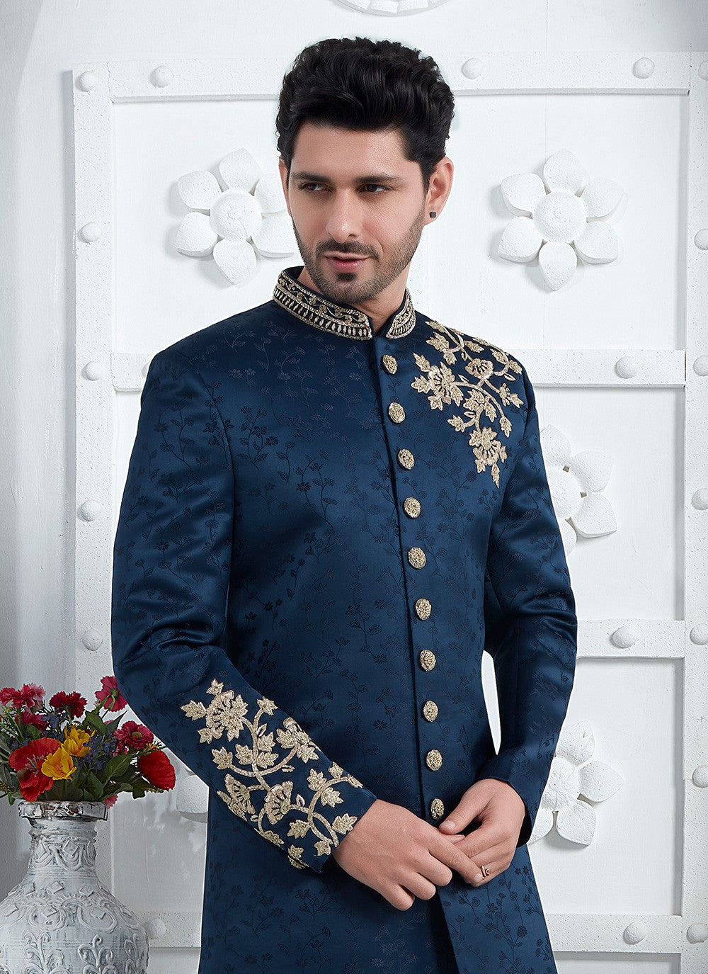 Embroidered Art Silk Blue Sherwani - M7461
