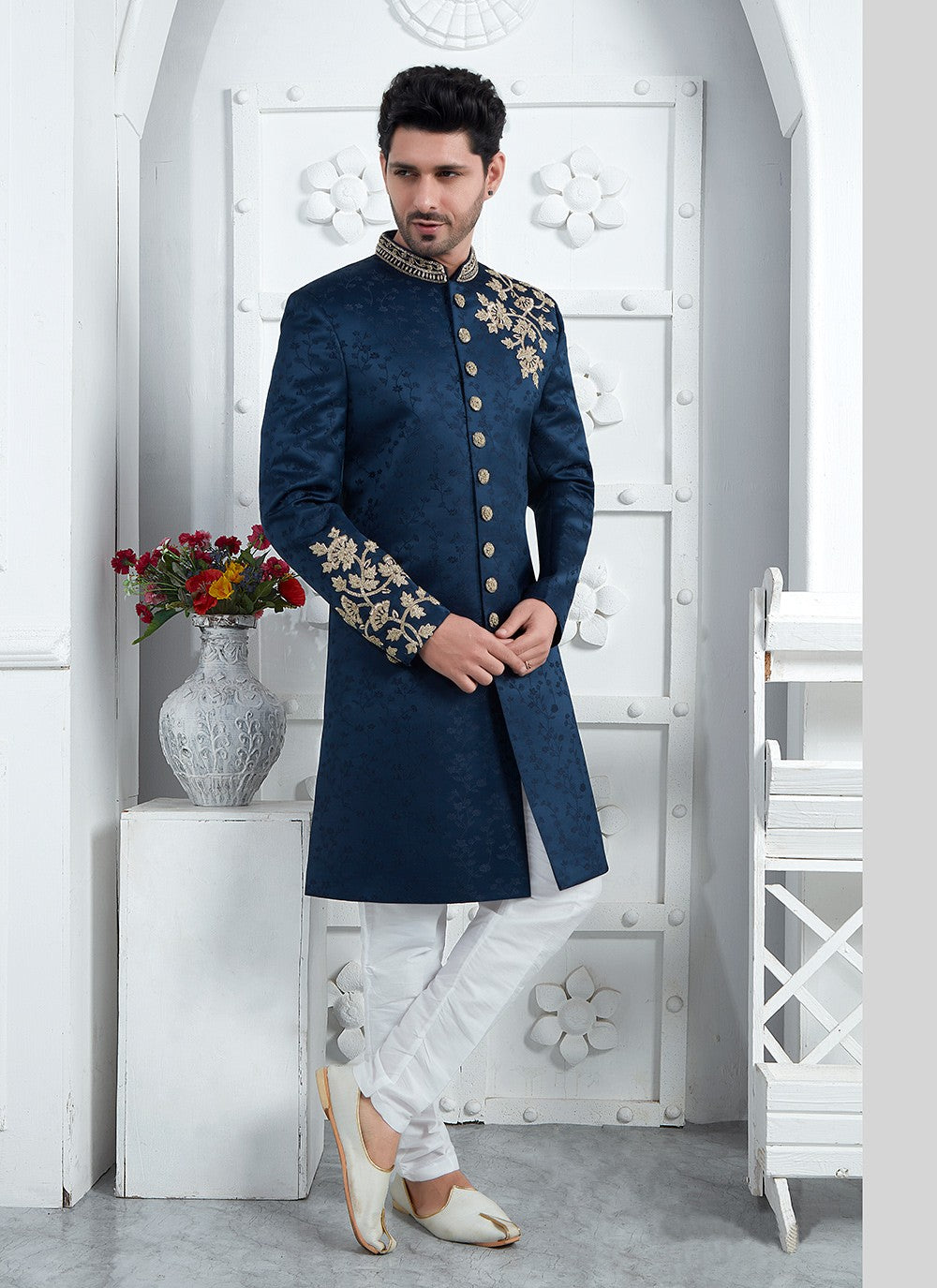 Embroidered Art Silk Blue Sherwani - M7461