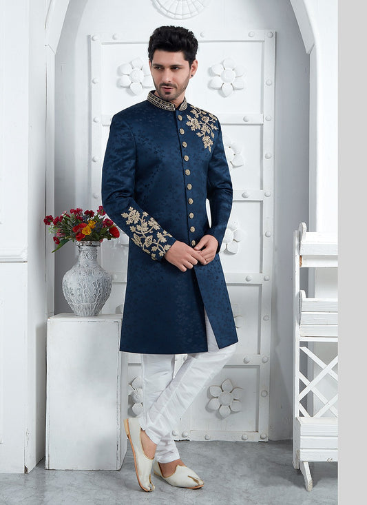 Embroidered Art Silk Blue Sherwani - M7461