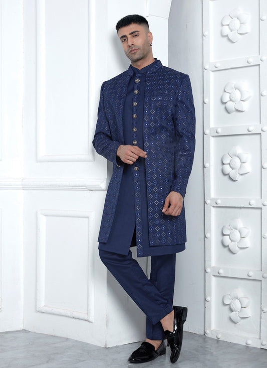 Machine Embroidery Art Silk Blue Sherwani - M8254