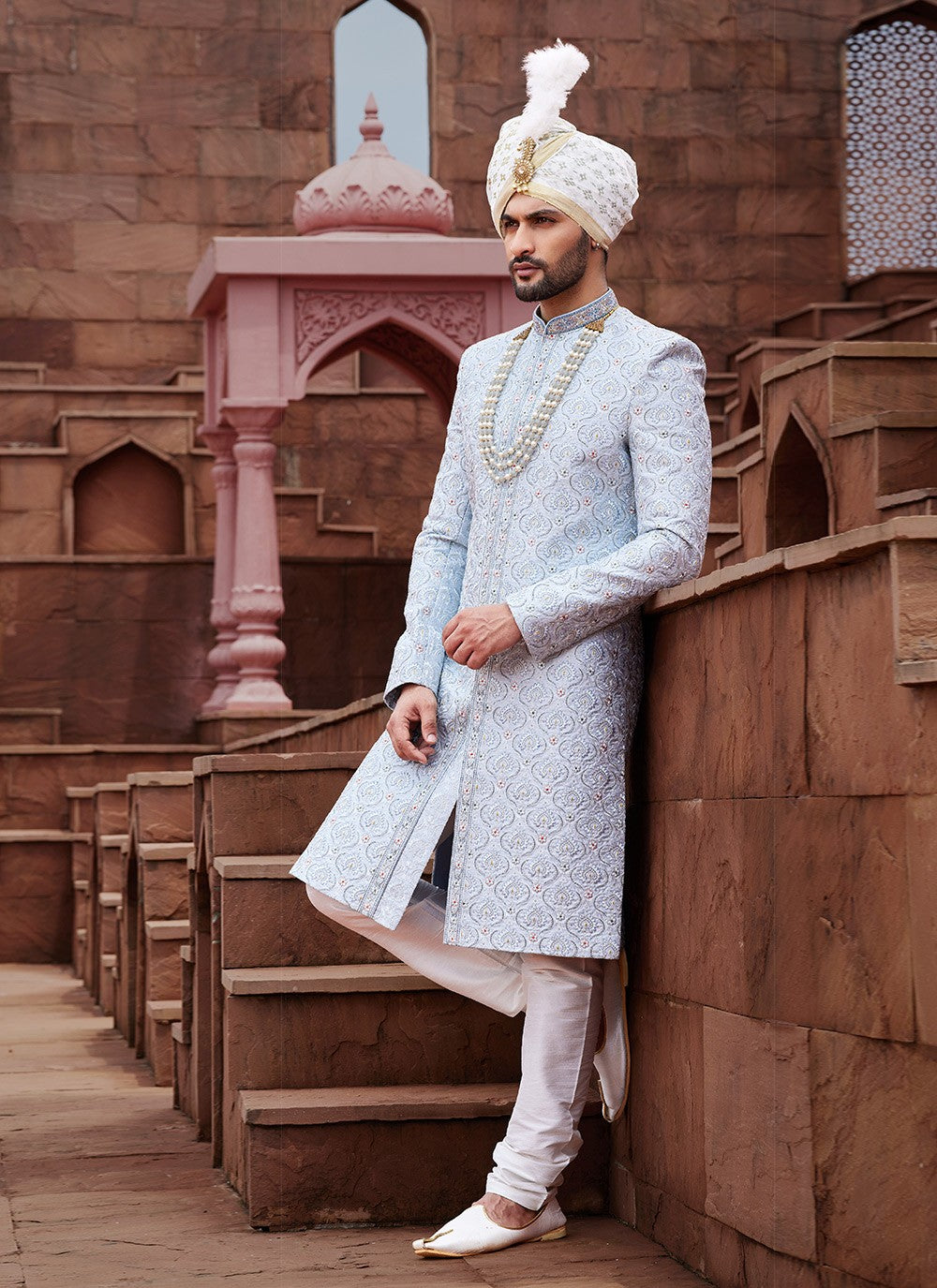 Embroidered Art Silk Blue, Grey Sherwani - M6513