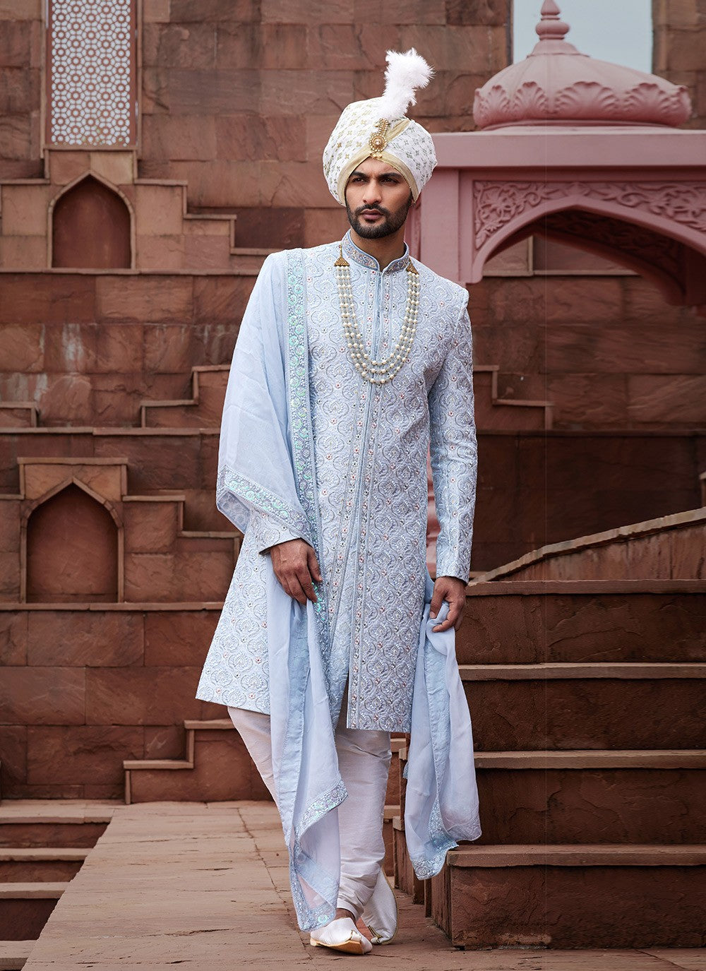 Embroidered Art Silk Blue, Grey Sherwani - M6513