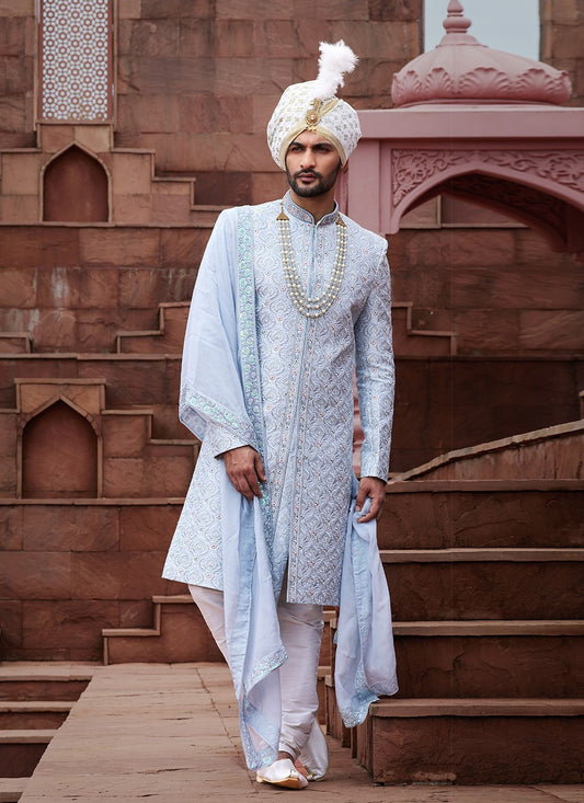 Embroidered Art Silk Blue, Grey Sherwani - M6513