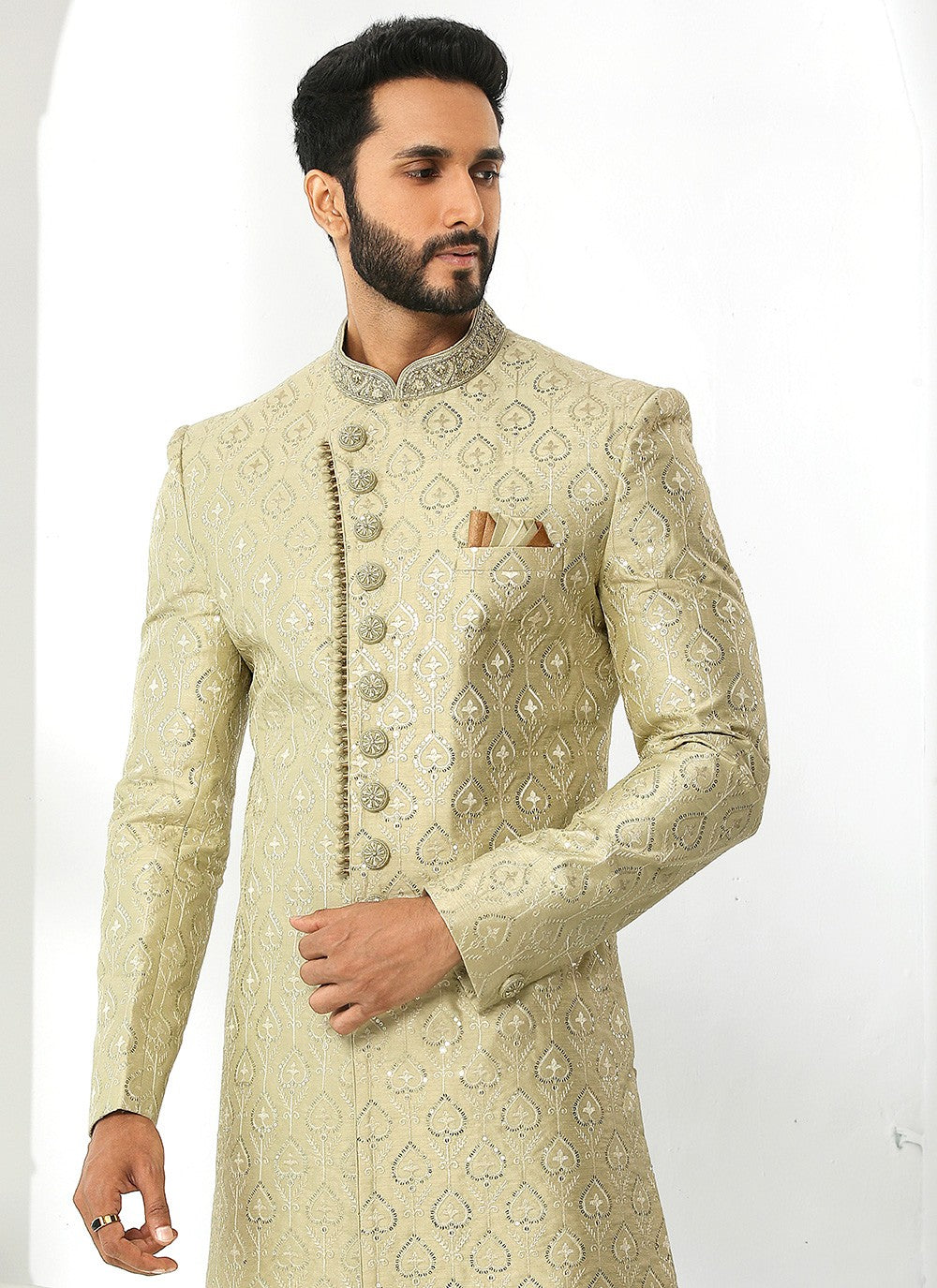 Machine Embroidery Art Silk Green Sherwani - M4135