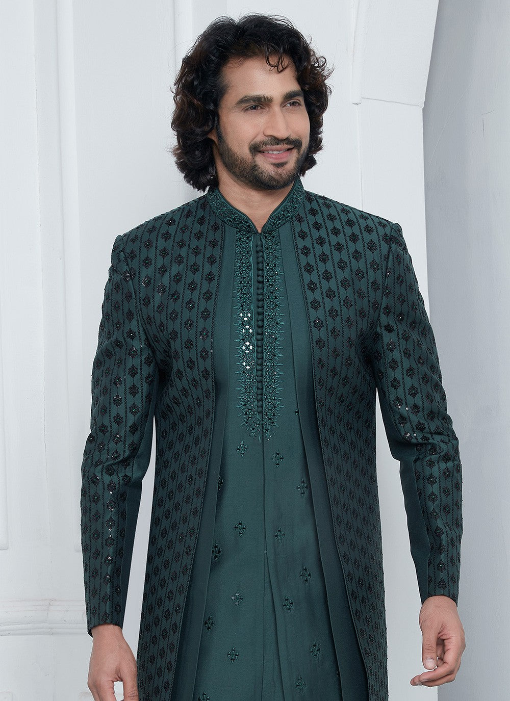 Embroidered Art Silk Green Sherwani - M8248