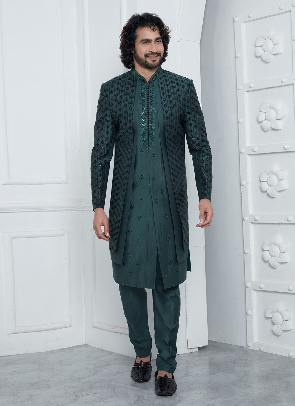 Embroidered Art Silk Green Sherwani - M8248
