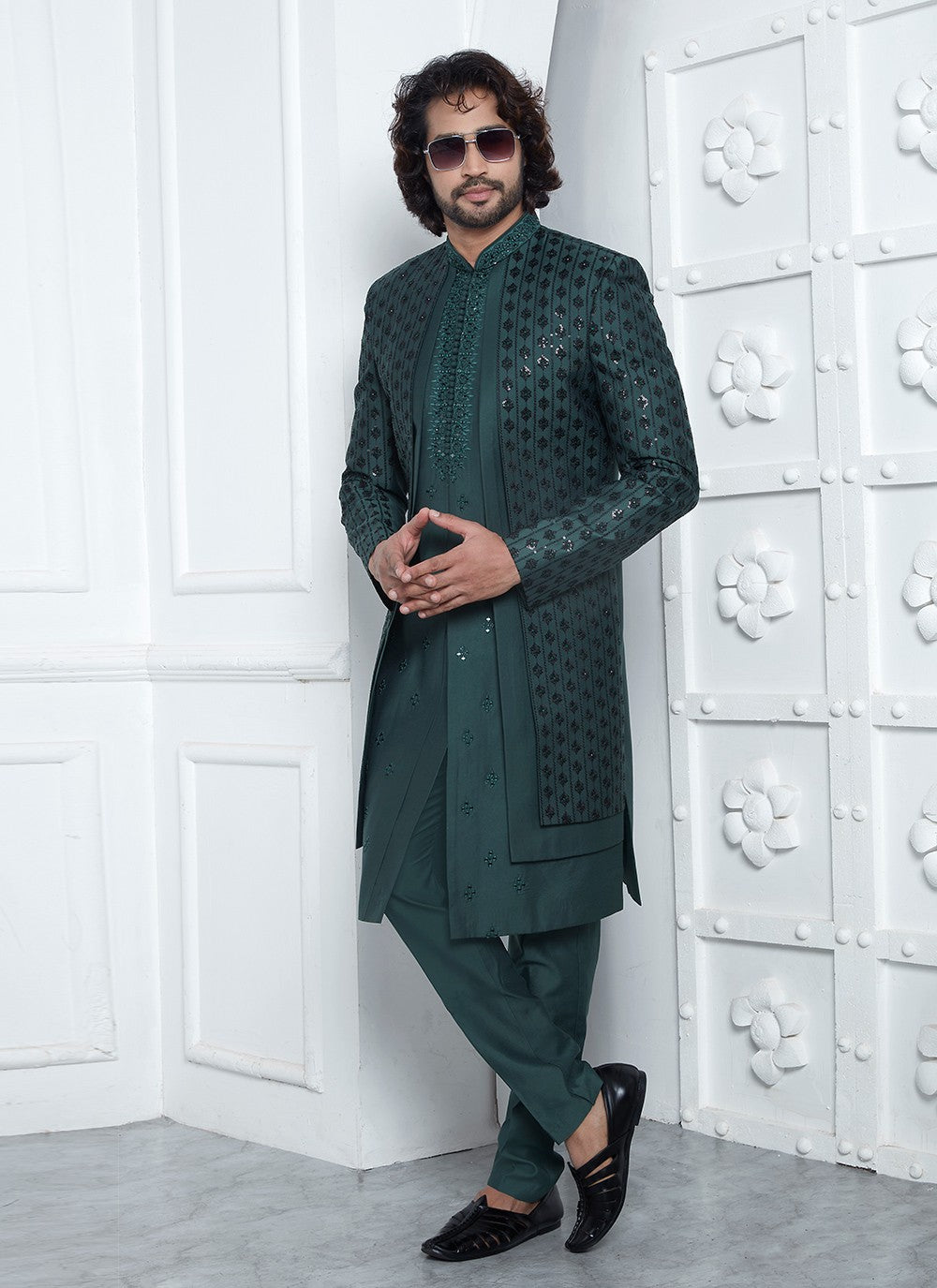 Embroidered Art Silk Green Sherwani - M8248