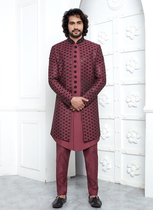 Embroidered Art Silk Maroon Sherwani - M8249