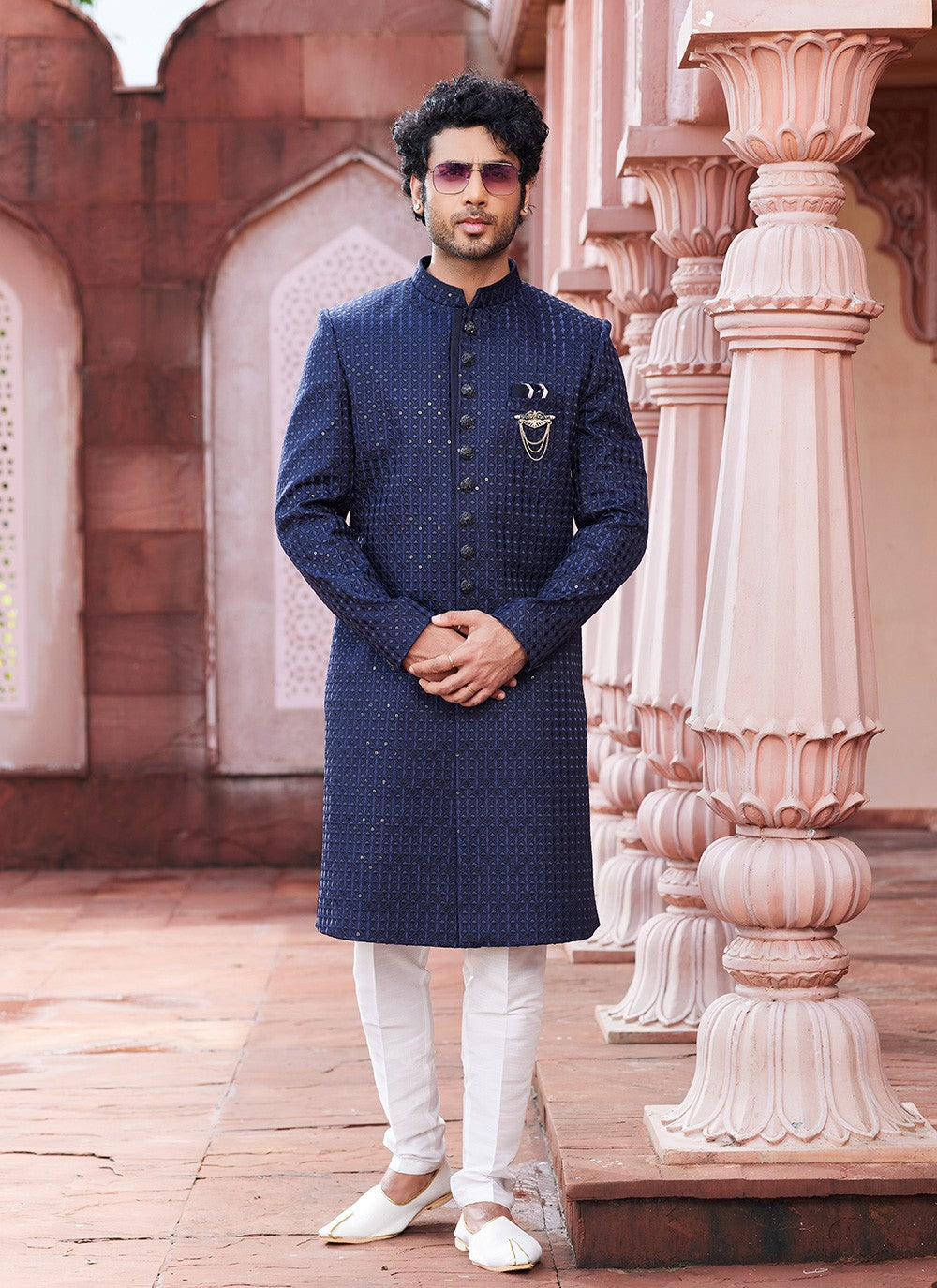 Fancy Work Art Silk Navy Blue Sherwani - M6147