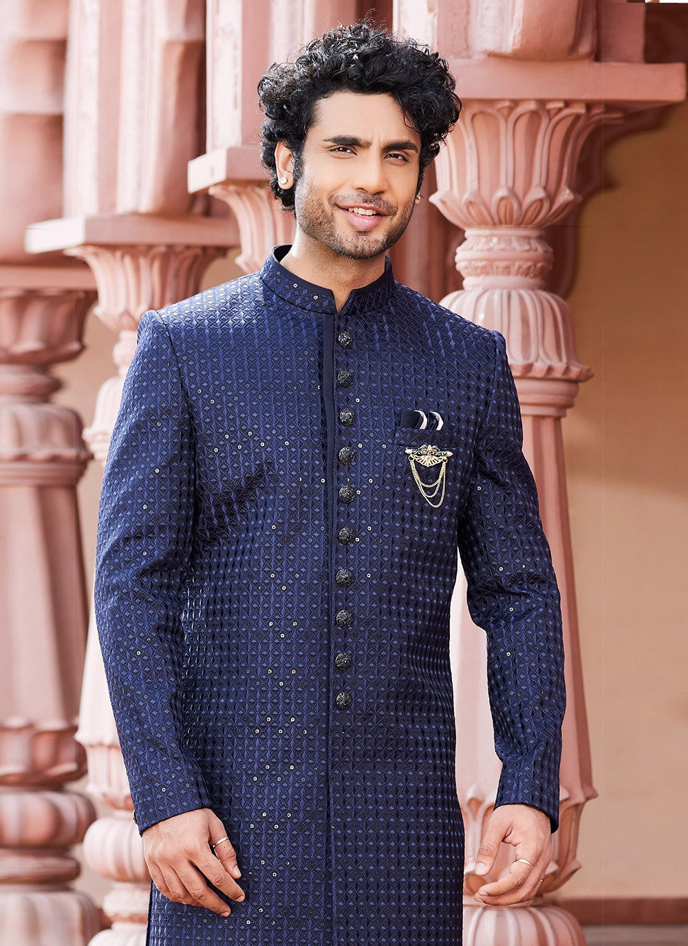 Fancy Work Art Silk Navy Blue Sherwani - M6147