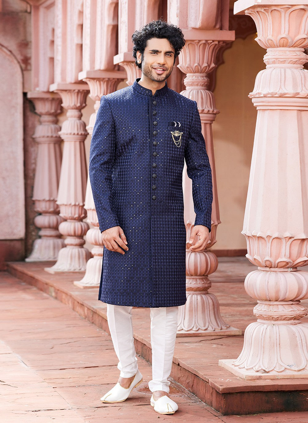 Fancy Work Art Silk Navy Blue Sherwani - M6147