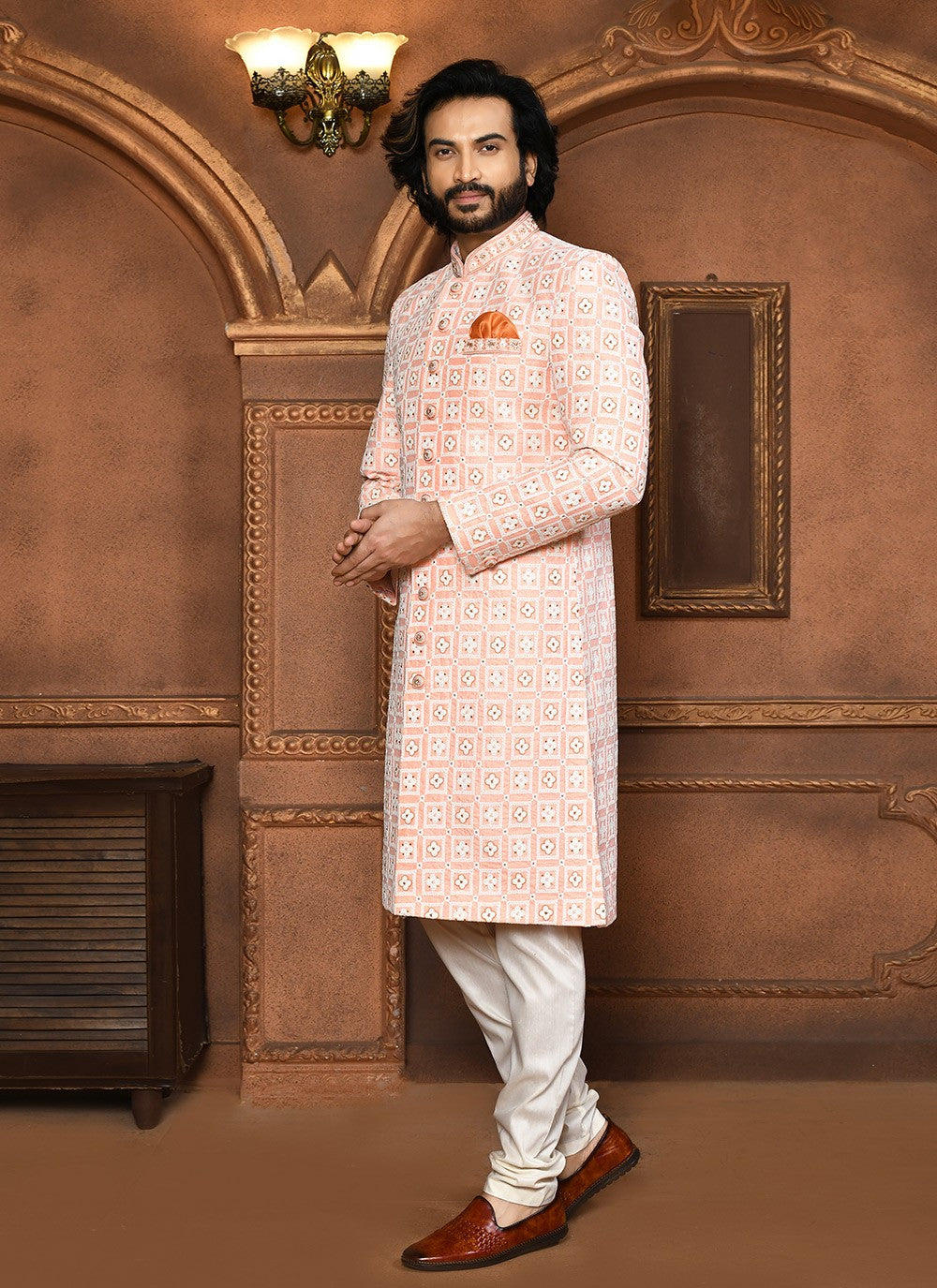 Embroidered Art Silk Peach Sherwani - M8054