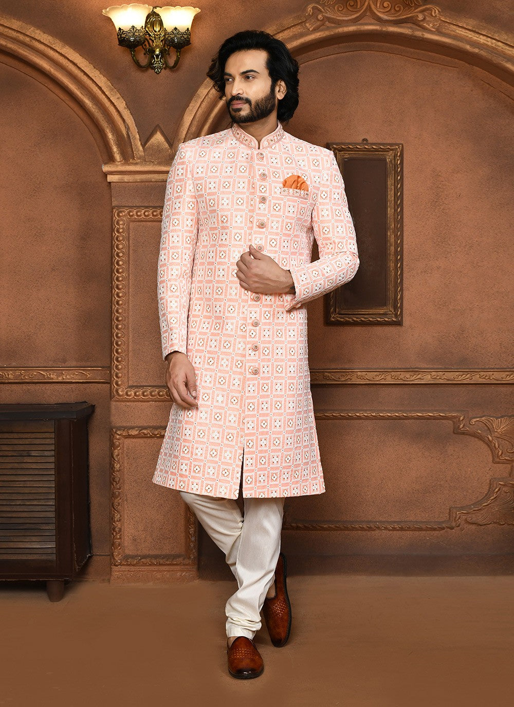 Embroidered Art Silk Peach Sherwani - M8054