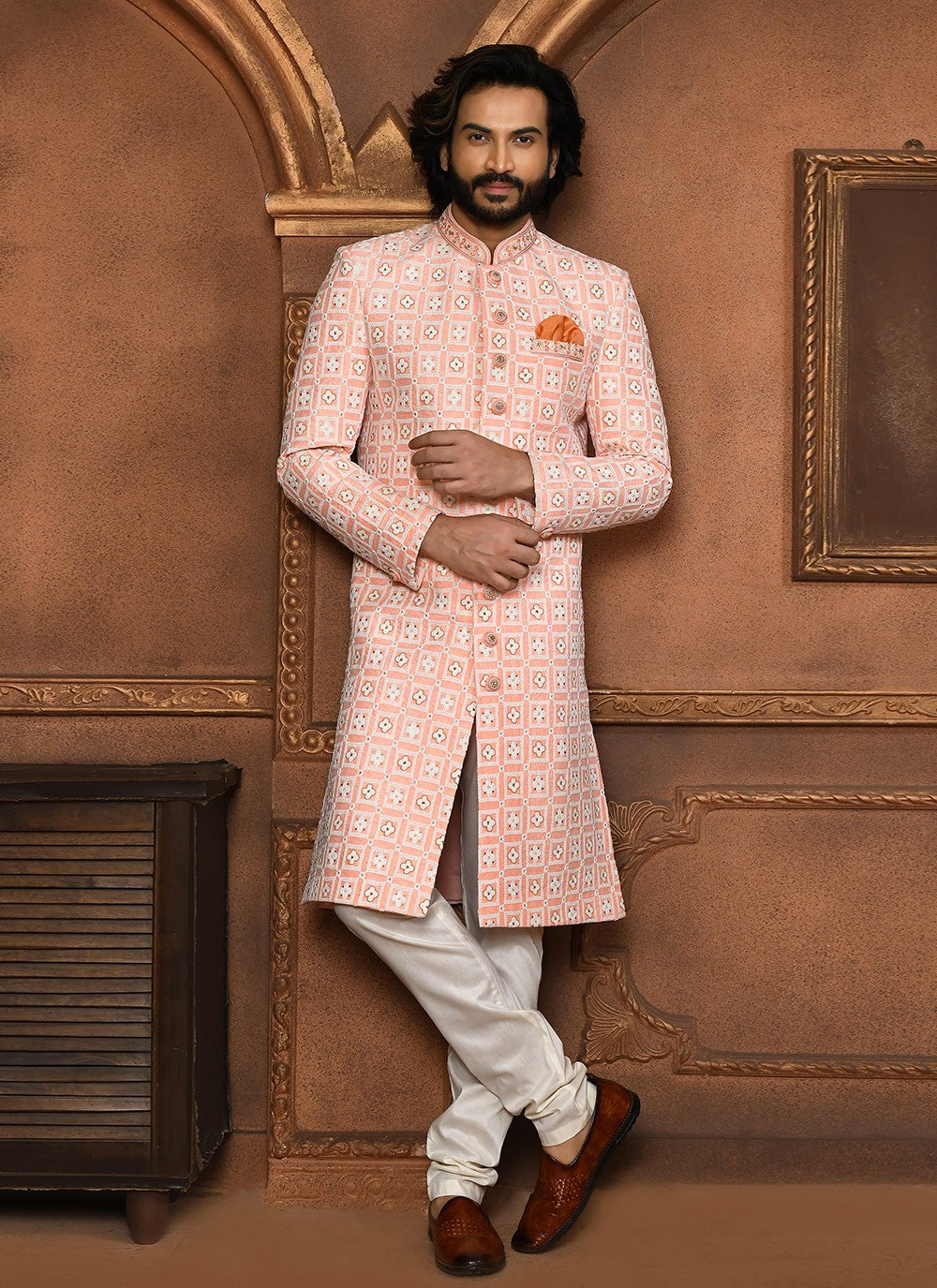 Embroidered Art Silk Peach Sherwani - M8054