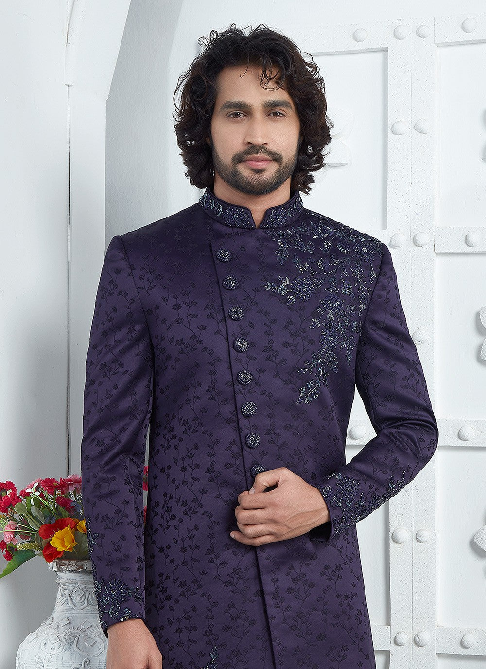Embroidered Art Silk Purple Sherwani - M7464