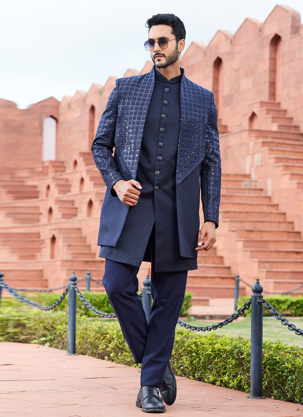 Fancy Work Art Silk Navy Blue Indo Western Sherwani - M6159