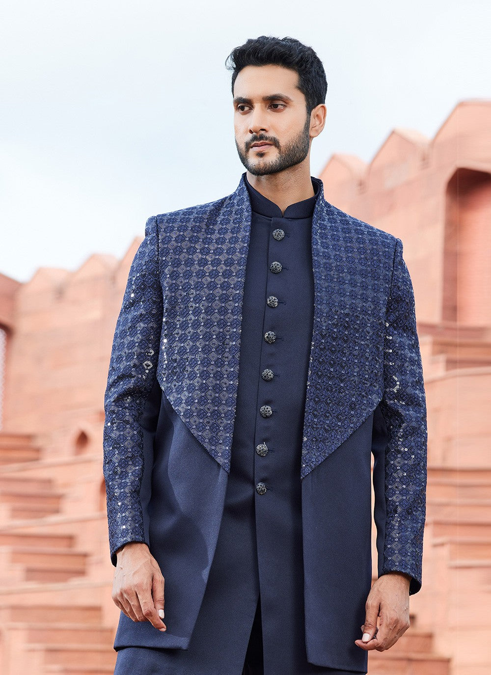 Fancy Work Art Silk Navy Blue Indo Western Sherwani - M6159