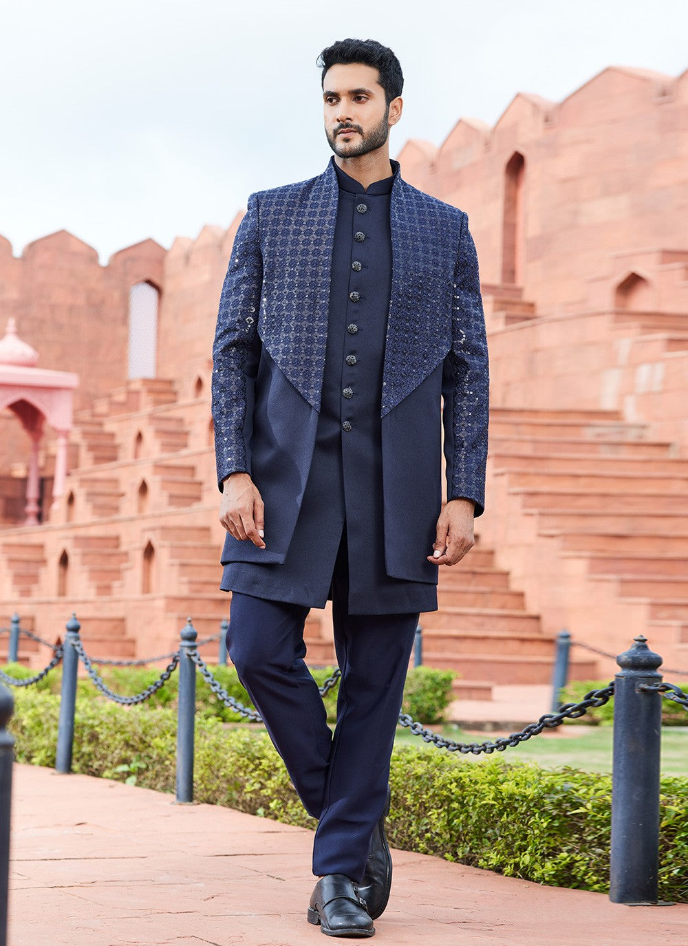 Fancy Work Art Silk Navy Blue Indo Western Sherwani - M6159