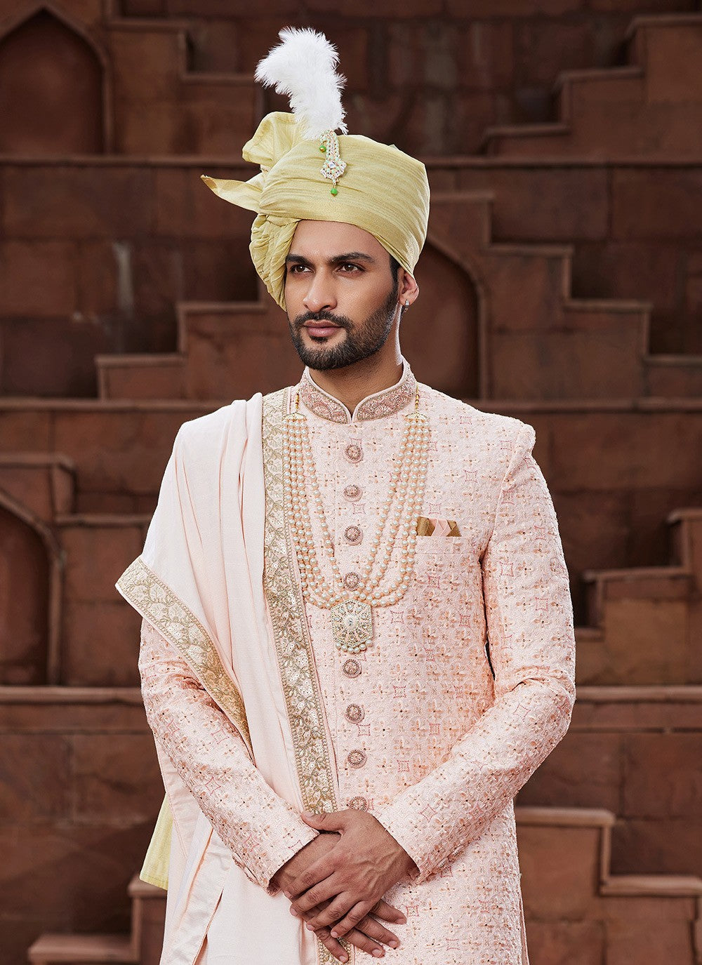 Embroidered Art Silk Peach Sherwani - M6518