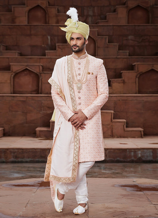 Embroidered Art Silk Peach Sherwani - M6518