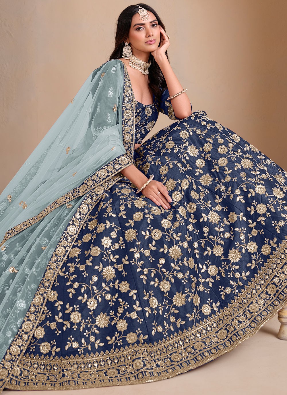 Embroidered Art Silk Teal Lehenga - L3302