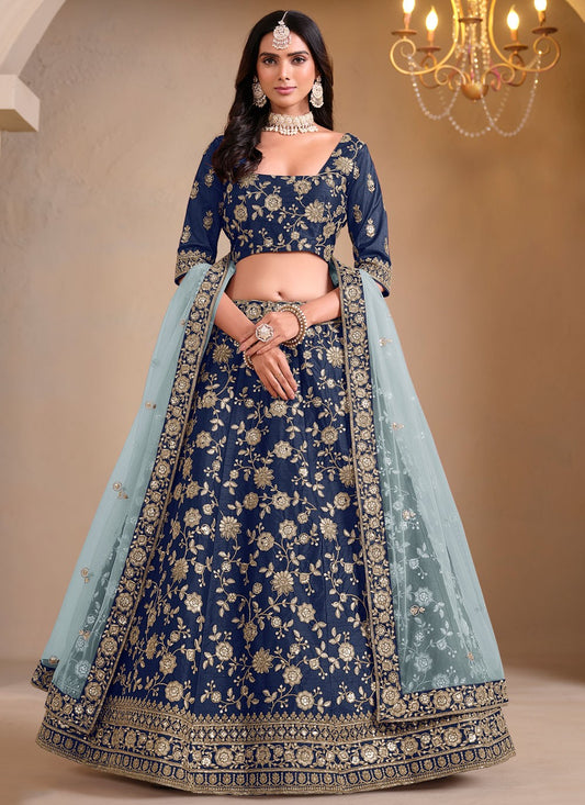 Embroidered Art Silk Teal Lehenga - L3302