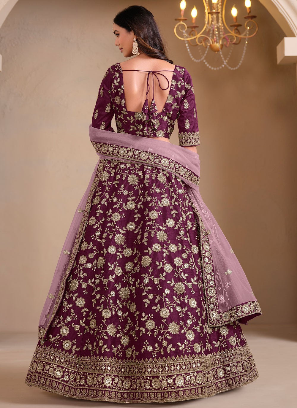 Embroidered Art Silk Wine Lehenga - L3303