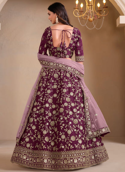 Embroidered Art Silk Wine Lehenga - L3303