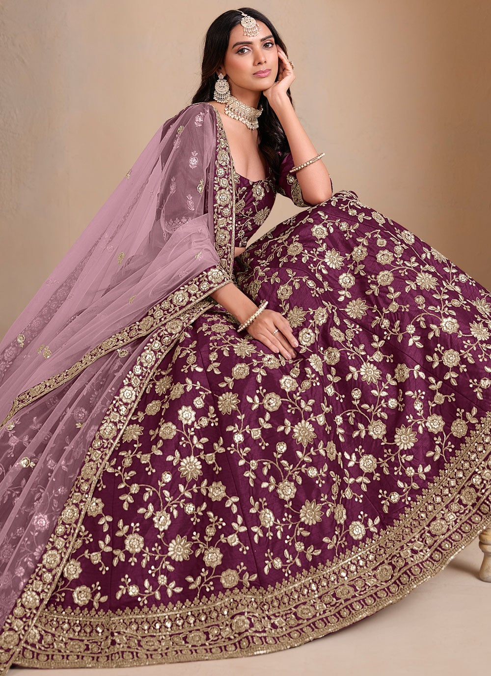 Embroidered Art Silk Wine Lehenga - L3303