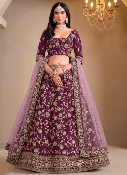 Embroidered Art Silk Wine Lehenga - L3303