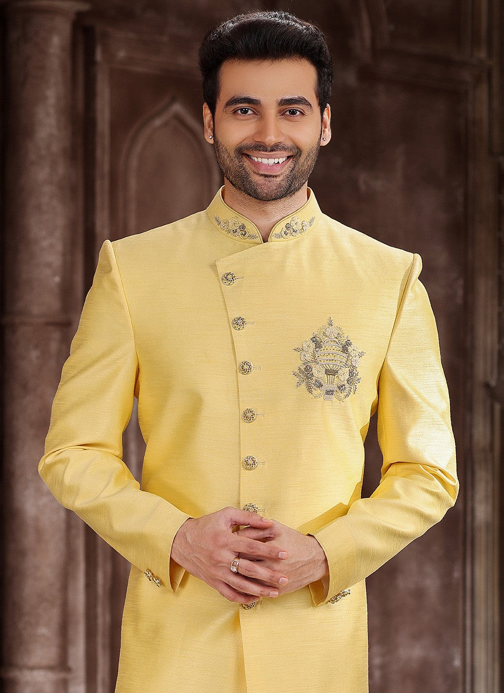 Embroidered Art Silk Yellow Indo Western Sherwani - M5379