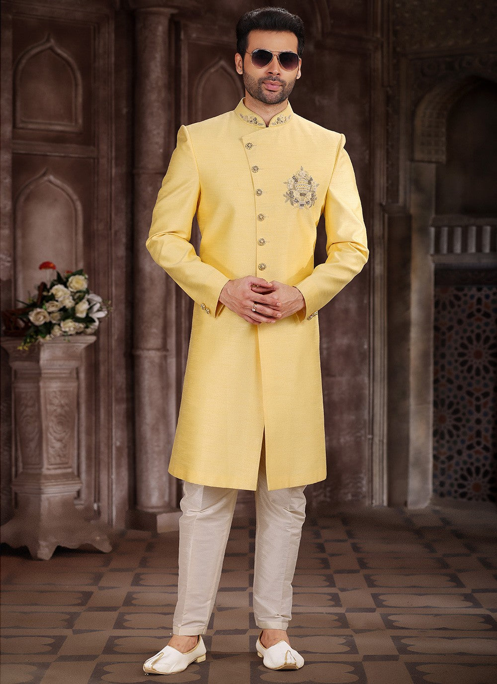 Embroidered Art Silk Yellow Indo Western Sherwani - M5379