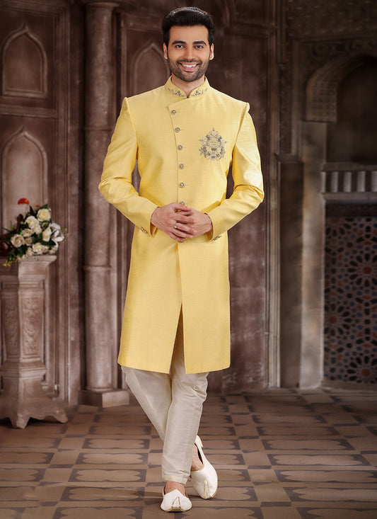 Embroidered Art Silk Yellow Indo Western Sherwani - M5379