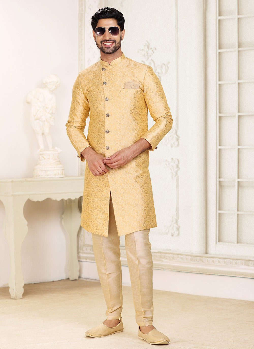 Jacquard Work Banarasi Jacquard Beige Indo Western - M5288