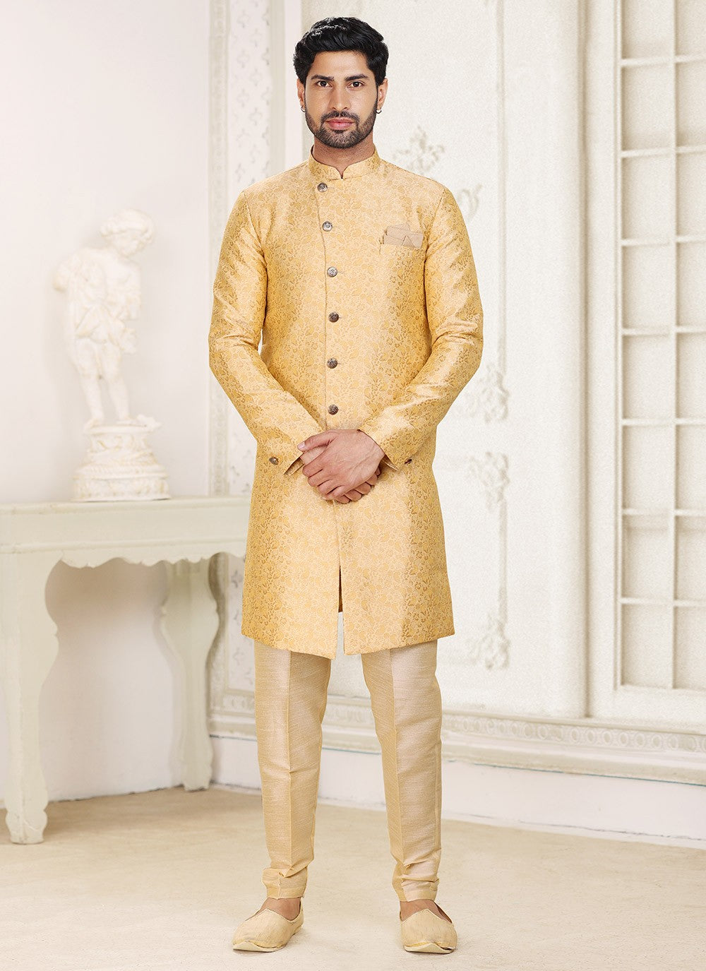 Jacquard Work Banarasi Jacquard Beige Indo Western - M5288