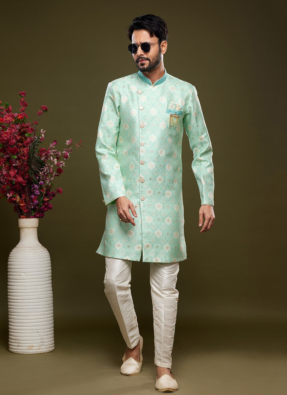 Embroidered Banarasi Jacquard Green Indo Western - M5820