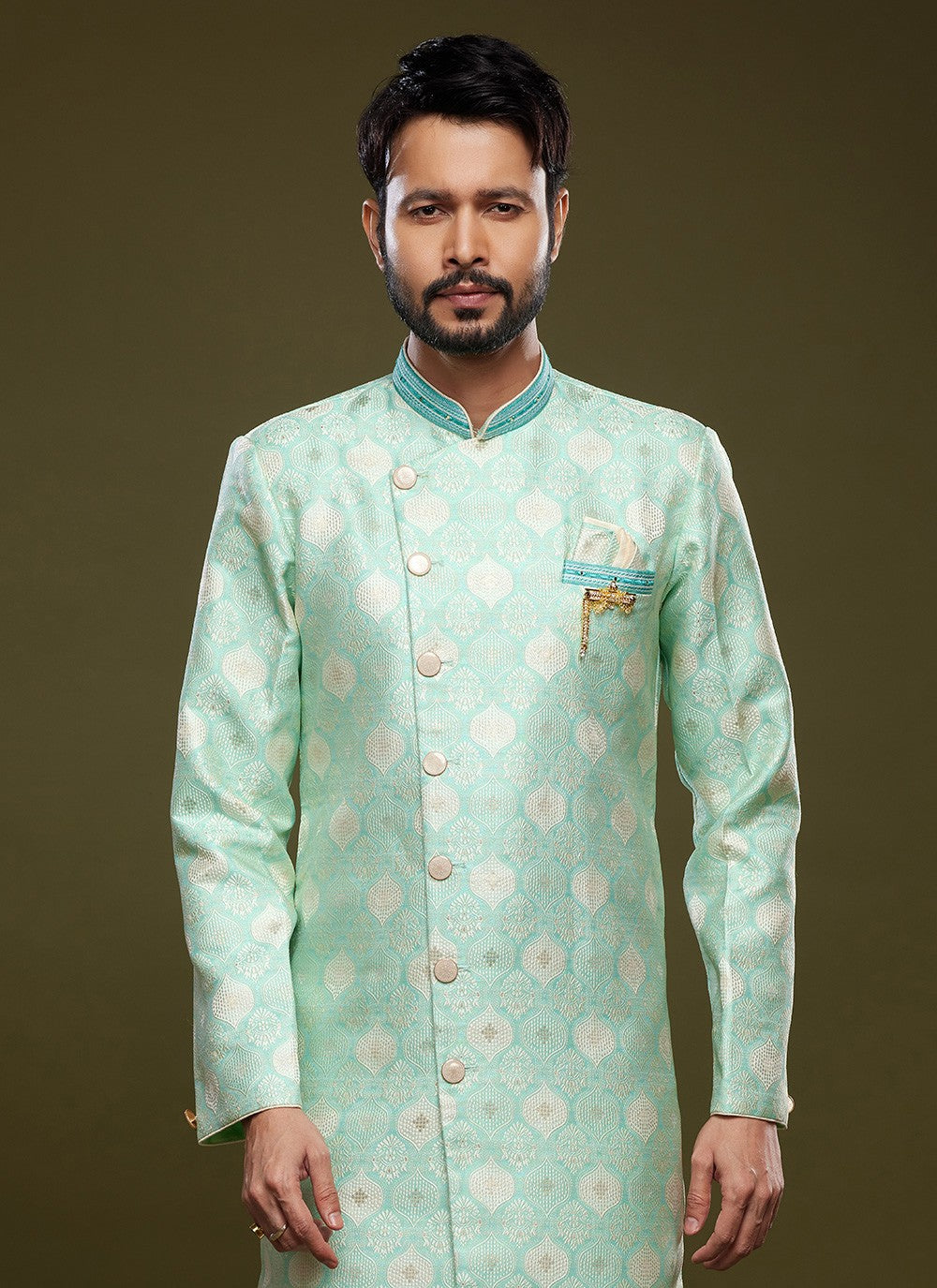 Embroidered Banarasi Jacquard Green Indo Western - M5820