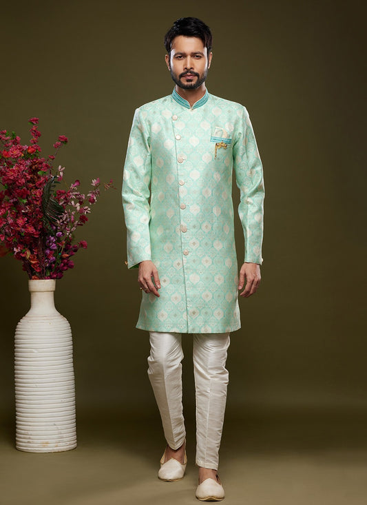 Embroidered Banarasi Jacquard Green Indo Western - M5820