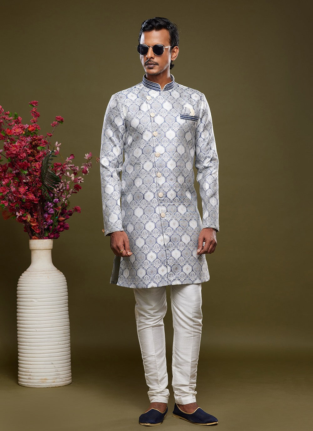 Embroidered Banarasi Jacquard Grey Indo Western - M5821