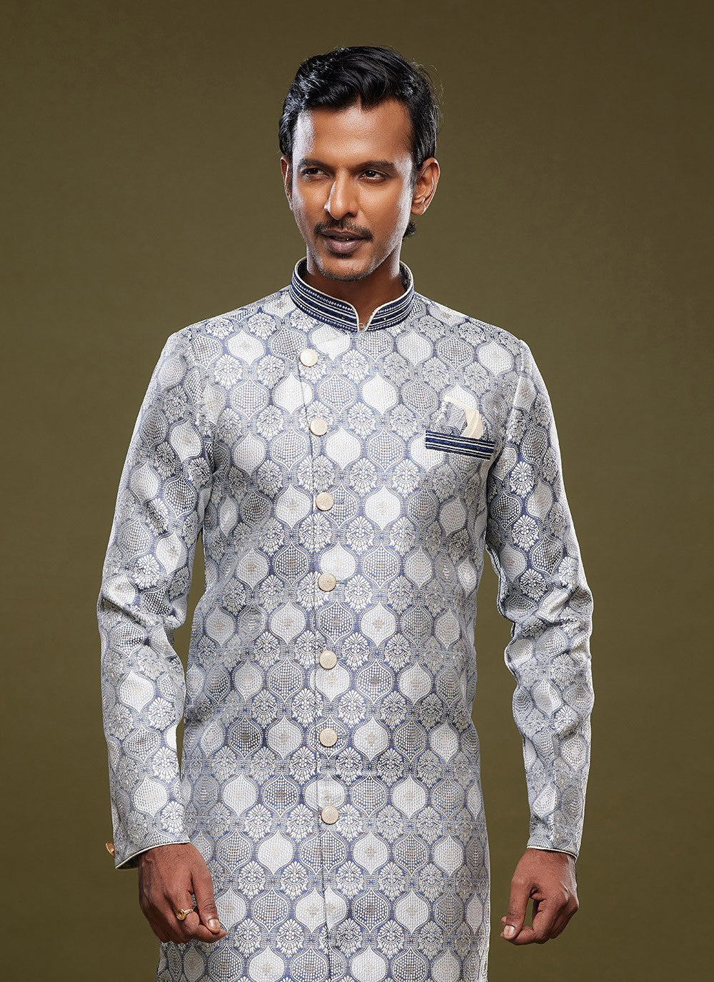 Embroidered Banarasi Jacquard Grey Indo Western - M5821