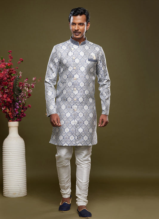 Embroidered Banarasi Jacquard Grey Indo Western - M5821