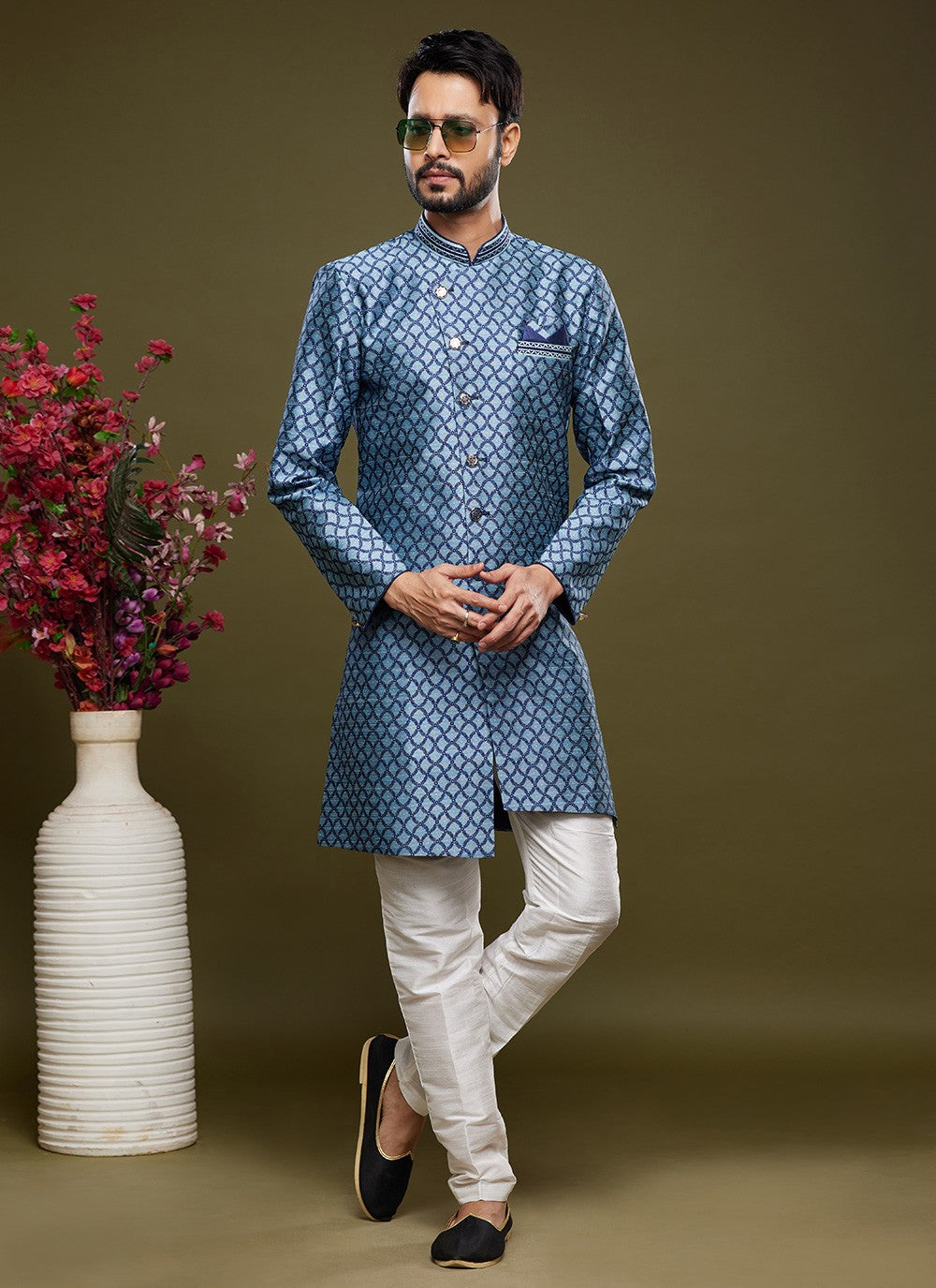 Embroidered Banarasi Jacquard Blue Indo Western - M6018