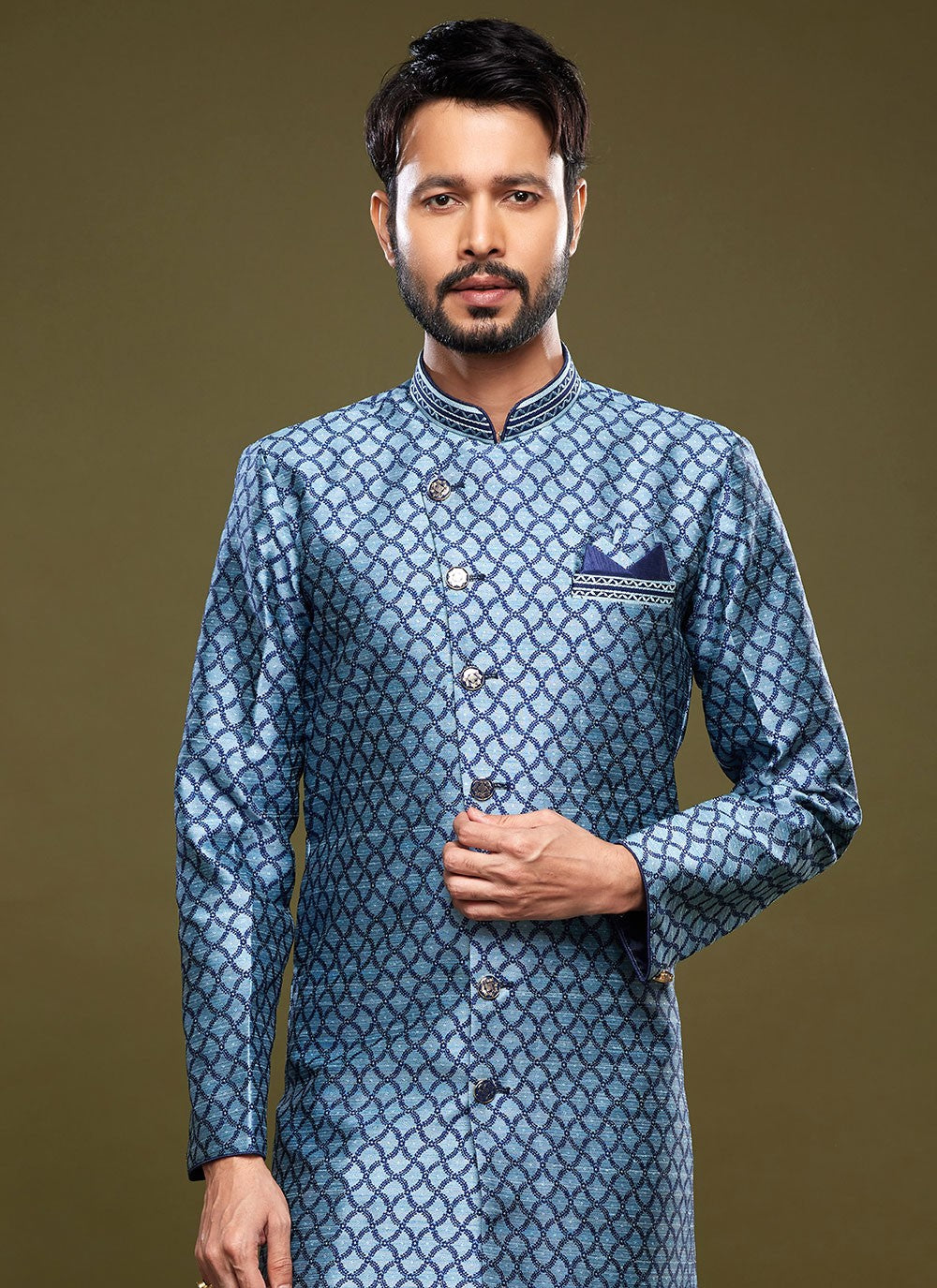 Embroidered Banarasi Jacquard Blue Indo Western - M6018
