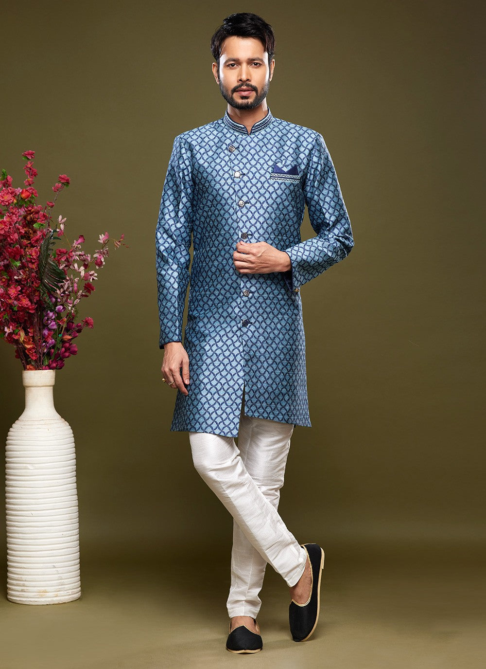 Embroidered Banarasi Jacquard Blue Indo Western - M6018